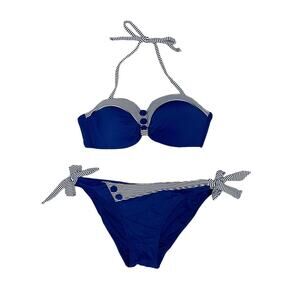 RELLECIGA Women's Blue White Stripe Padded Push Up Bikini Swimsuit